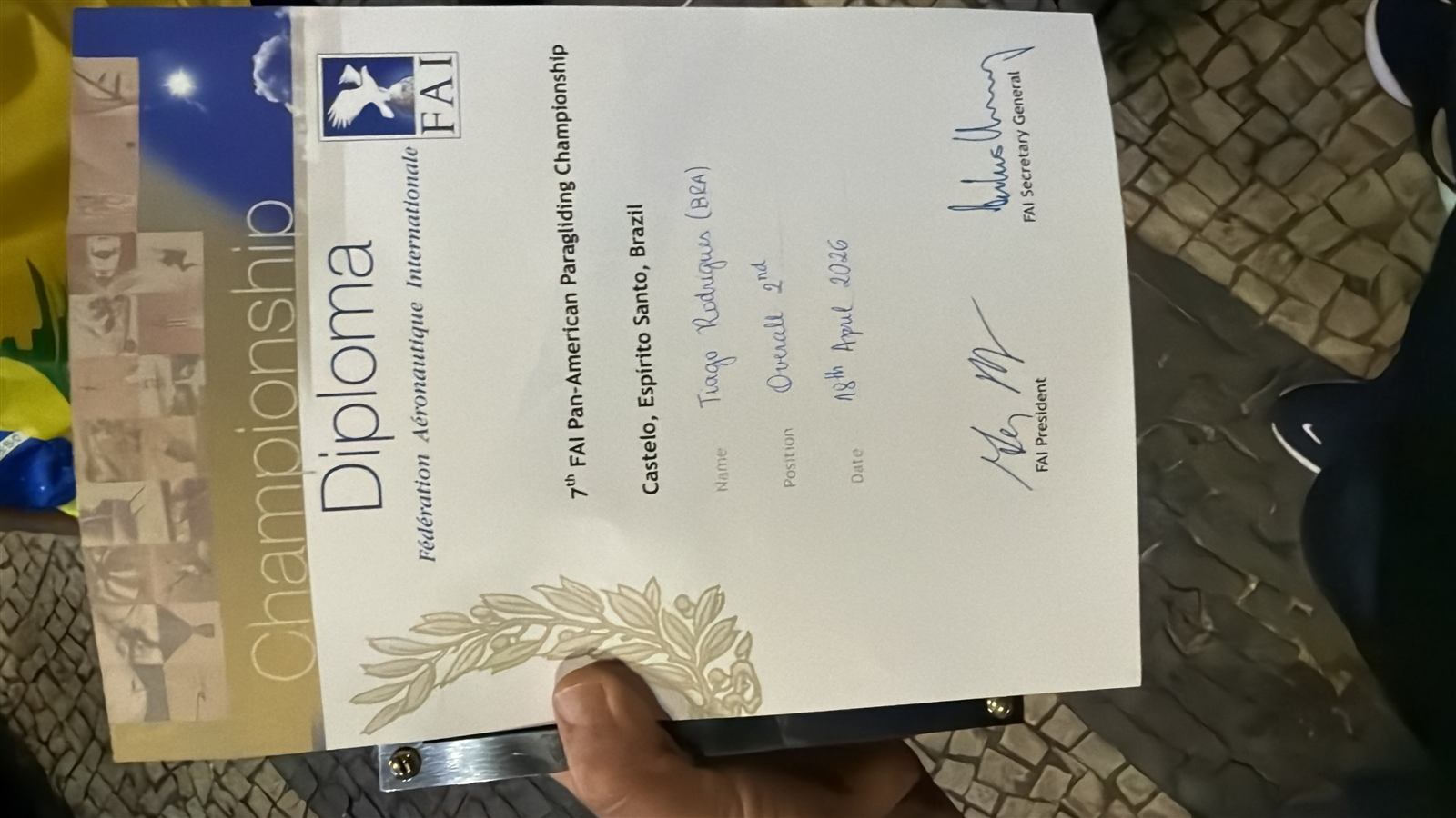 Diploma da FAI do 7th Pan-American Paragliding Championship, 2º lugar geral, Tiago Rodrigues